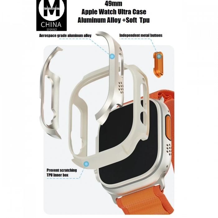 Movenchy Apple Watch Ultra 49mm MO-WT3 Alüminyum Camlı Kasa Ekran Koruyucu - Gold