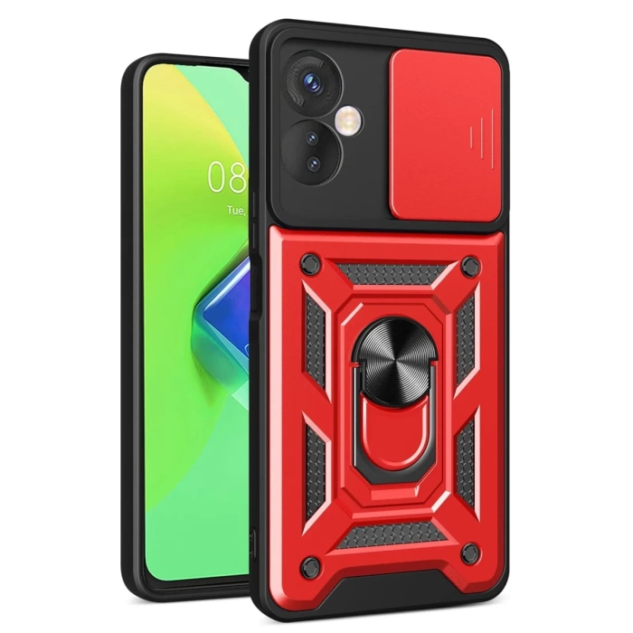 Newface İnfinix Hot 30 4G Kılıf Pars Lens Yüzüklü Silikon - Kırmızı