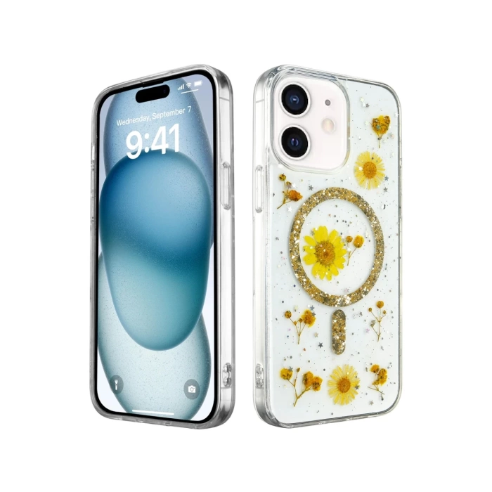 Newface iPhone 12 Kılıf Daisy Simli Magsafe Kapak - Gold