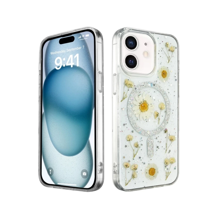 Newface iPhone 12 Kılıf Daisy Simli Magsafe Kapak - Gümüş