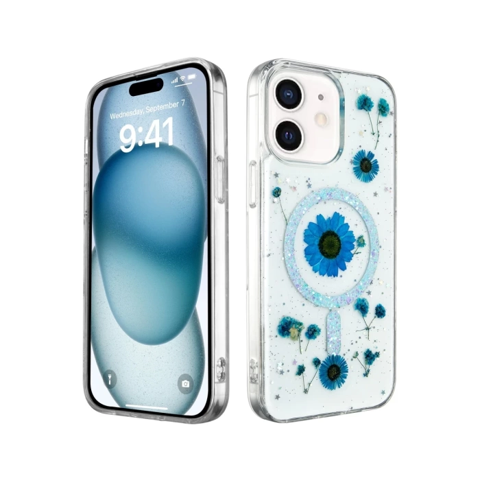 Newface iPhone 12 Kılıf Daisy Simli Magsafe Kapak - Mavi