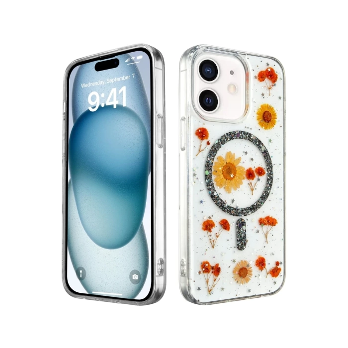 Newface iPhone 12 Kılıf Daisy Simli Magsafe Kapak - Siyah