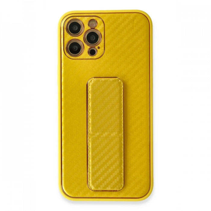 Newface iPhone 12 Pro Max Kılıf Coco Karbon Standlı Kapak - Sarı