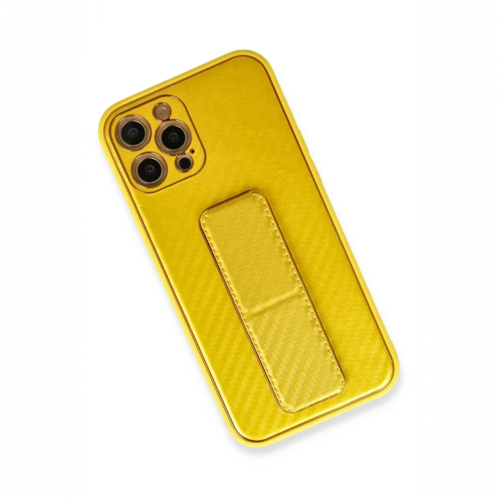 Newface iPhone 12 Pro Max Kılıf Coco Karbon Standlı Kapak - Sarı