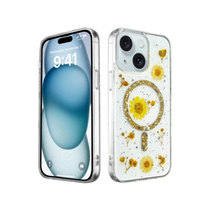 Newface iPhone 14 Kılıf Daisy Simli Magsafe Kapak - Gold