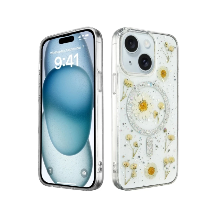 Newface iPhone 14 Kılıf Daisy Simli Magsafe Kapak - Gümüş