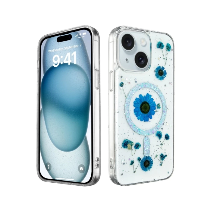 Newface iPhone 14 Kılıf Daisy Simli Magsafe Kapak - Mavi
