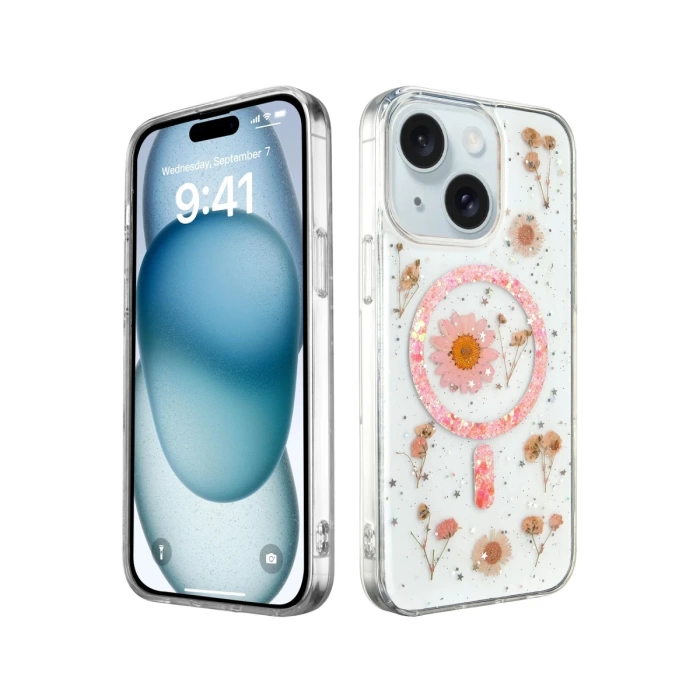 Newface iPhone 14 Kılıf Daisy Simli Magsafe Kapak - Pembe