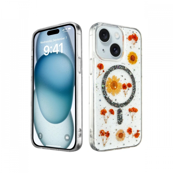 Newface iPhone 14 Kılıf Daisy Simli Magsafe Kapak - Siyah