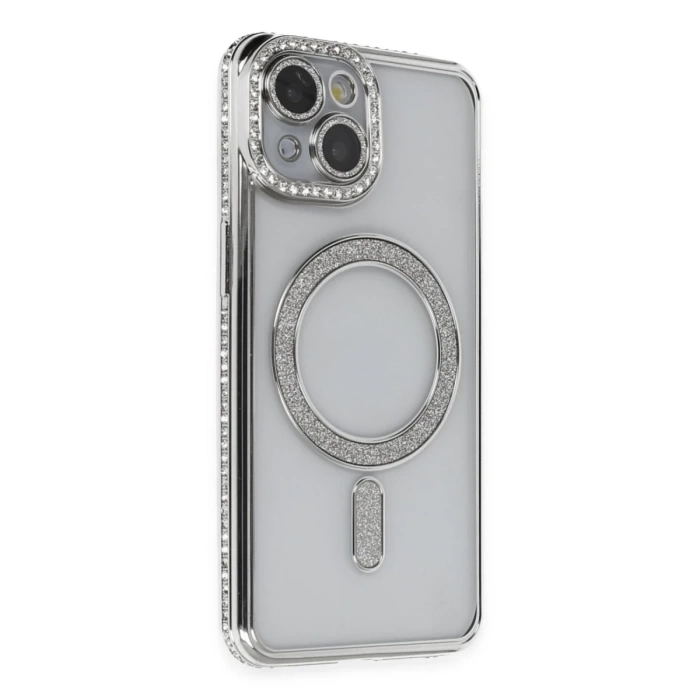 Newface iPhone 14 Kılıf Joke Simli Magneticsafe Kılıf - Gümüş