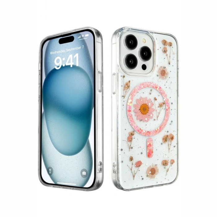 Newface iPhone 14 Pro Kılıf Daisy Simli Magsafe Kapak - Pembe