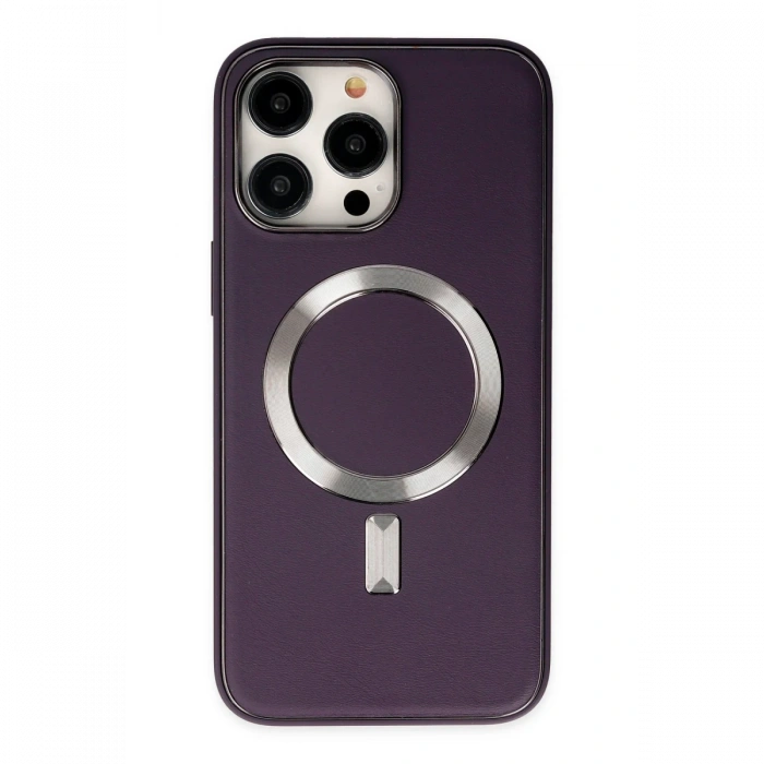 iPhone 14 Pro Max Kılıf Coco Deri Magneticsafe Silikon - Derin Mor