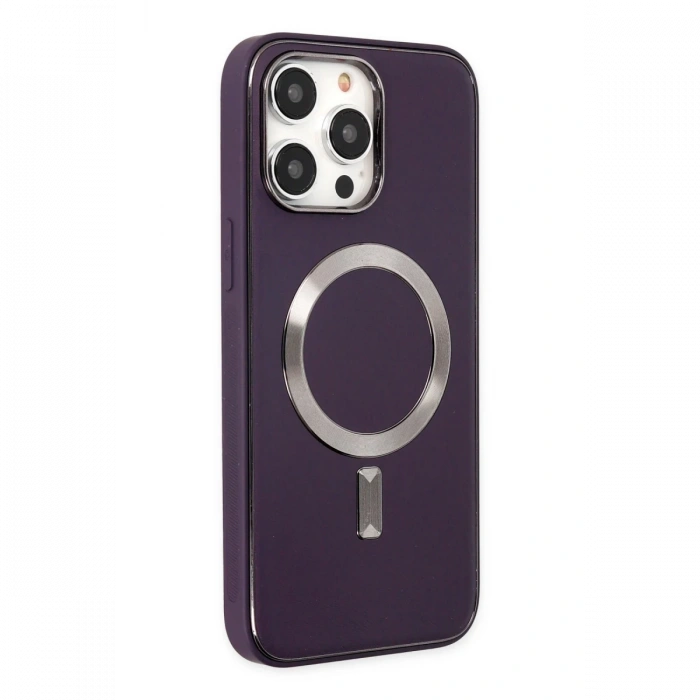 iPhone 14 Pro Max Kılıf Coco Deri Magneticsafe Silikon - Derin Mor