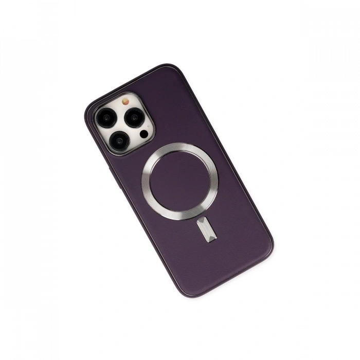 iPhone 14 Pro Max Kılıf Coco Deri Magneticsafe Silikon - Derin Mor