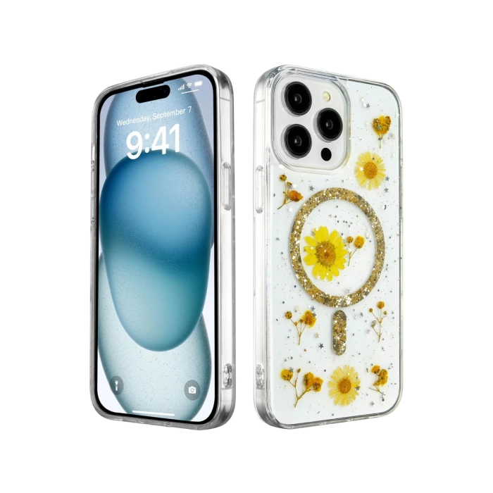 Newface iPhone 14 Pro Max Kılıf Daisy Simli Magsafe Kapak - Gold