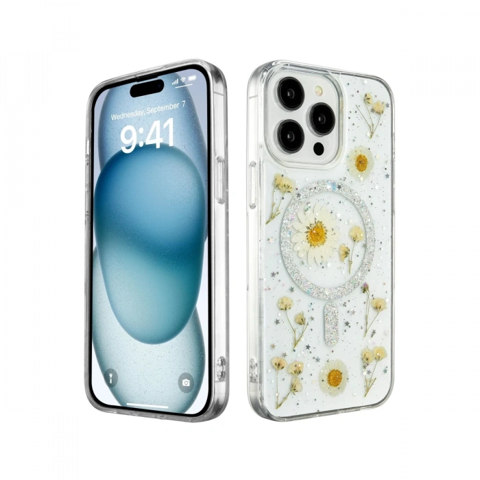 Newface iPhone 14 Pro Max Kılıf Daisy Simli Magsafe Kapak - Gümüş