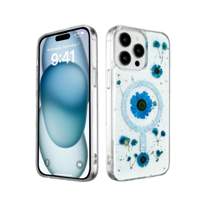 Newface iPhone 14 Pro Max Kılıf Daisy Simli Magsafe Kapak - Mavi