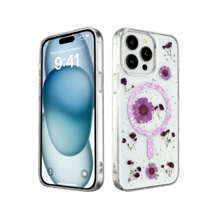 Newface iPhone 14 Pro Max Kılıf Daisy Simli Magsafe Kapak - Mor