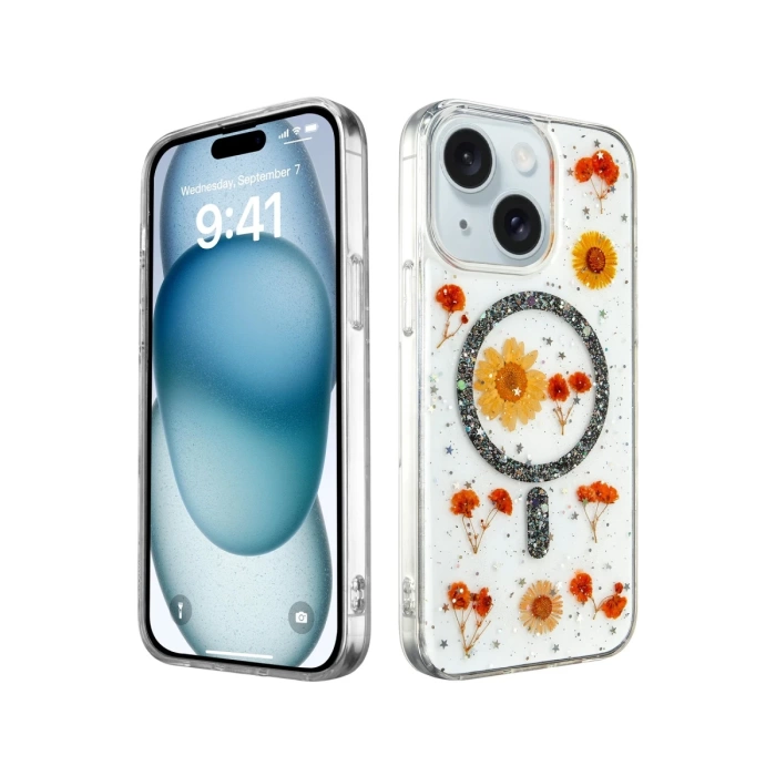 Newface iPhone 15 Plus Kılıf Daisy Simli Magsafe Kapak - Siyah