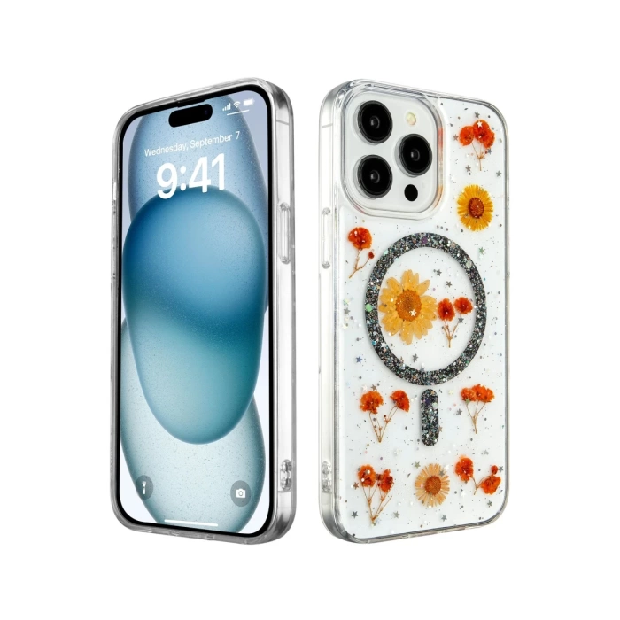 Newface iPhone 15 Pro Kılıf Daisy Simli Magsafe Kapak - Siyah