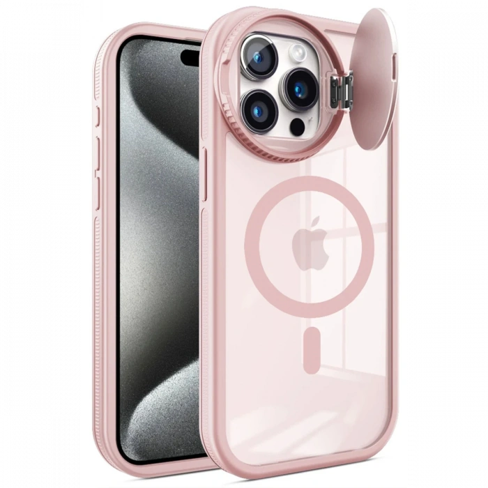 Newface iPhone 15 Pro Kılıf Teleskop Lens Magsafe Silikon Kapak - Pembe
