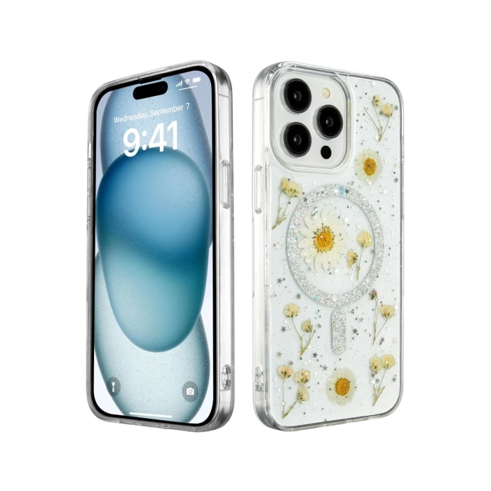 Newface iPhone 15 Pro Max Kılıf Daisy Simli Magsafe Kapak - Gümüş