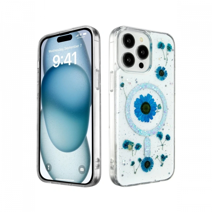Newface iPhone 15 Pro Max Kılıf Daisy Simli Magsafe Kapak - Mavi
