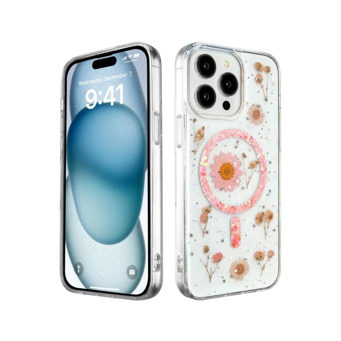 Newface iPhone 15 Pro Max Kılıf Daisy Simli Magsafe Kapak - Pembe