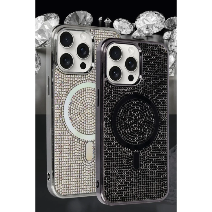 Newface iPhone 15 Pro Max Kılıf Diamond Magsafe Kapak - Siyah