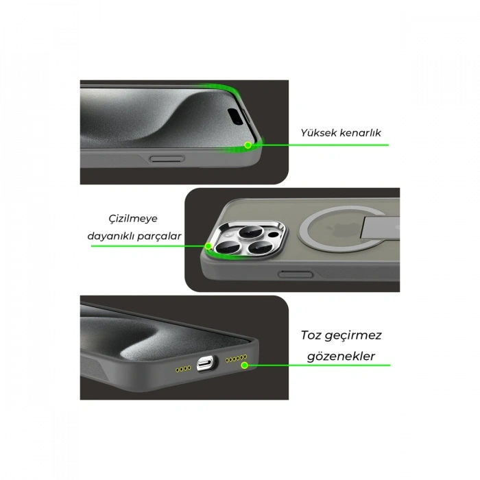Newface iPhone 15 Pro Tork Magsafe Standlı Kapak - Titan Gri