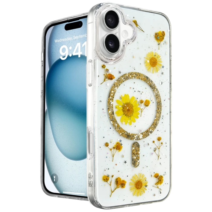Newface iPhone 16 Kılıf Daisy Simli Magsafe Kapak - Gold