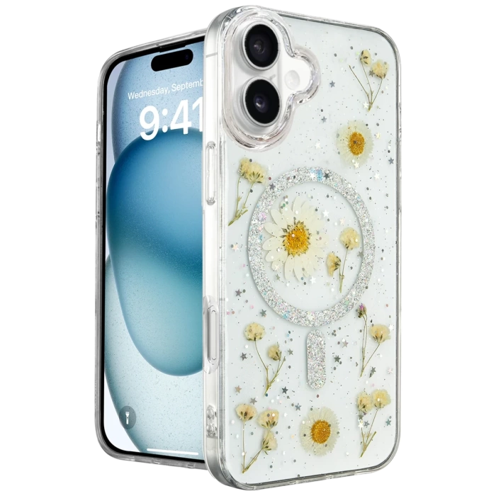 Newface iPhone 16 Kılıf Daisy Simli Magsafe Kapak - Gümüş