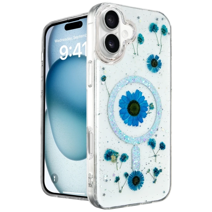 Newface iPhone 16 Kılıf Daisy Simli Magsafe Kapak - Mavi