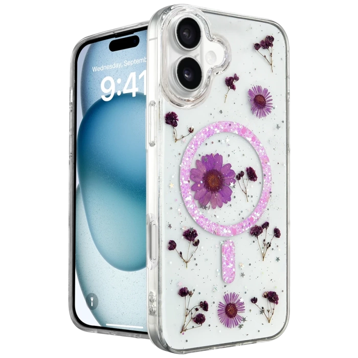Newface iPhone 16 Kılıf Daisy Simli Magsafe Kapak - Mor
