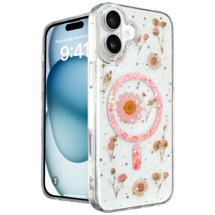 Newface iPhone 16 Kılıf Daisy Simli Magsafe Kapak - Pembe