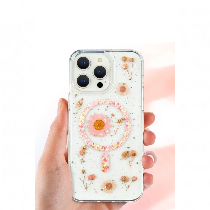 Newface iPhone 16 Kılıf Daisy Simli Magsafe Kapak - Pembe