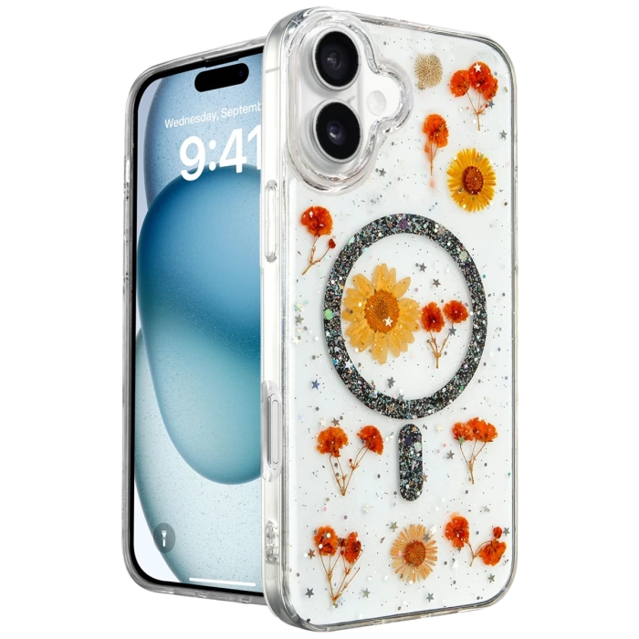 Newface iPhone 16 Kılıf Daisy Simli Magsafe Kapak - Siyah
