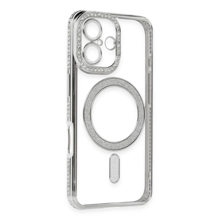 Newface iPhone 16 Kılıf Joke Simli Magneticsafe Kılıf - Gümüş