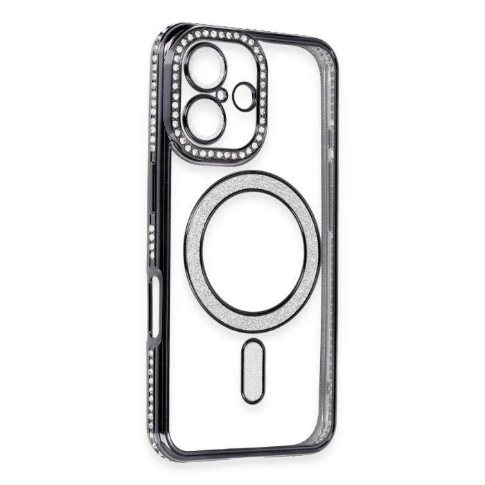 Newface iPhone 16 Kılıf Joke Simli Magneticsafe Kılıf - Siyah