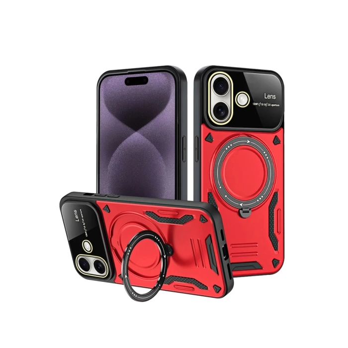 Newface iPhone 16 Kılıf Joy Lens Standlı Kapak - Kırmızı