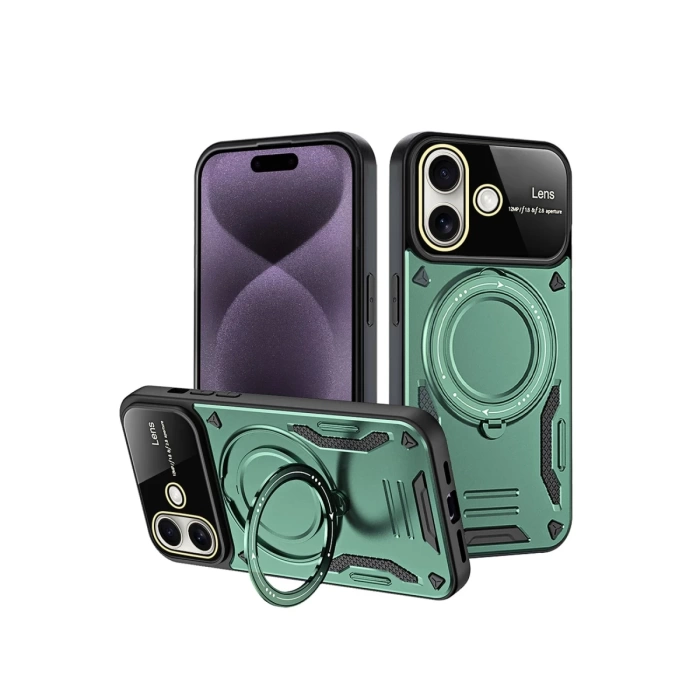 Newface iPhone 16 Kılıf Joy Lens Standlı Kapak - Koyu Yeşil