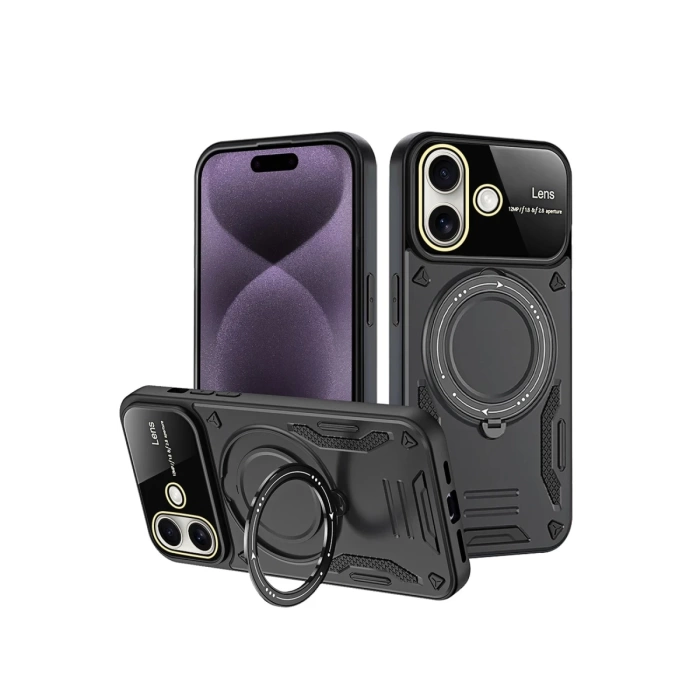 Newface iPhone 16 Kılıf Joy Lens Standlı Kapak - Siyah