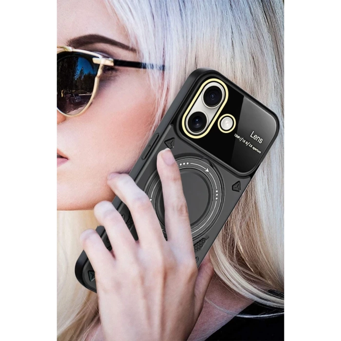 Newface iPhone 16 Kılıf Joy Lens Standlı Kapak - Siyah