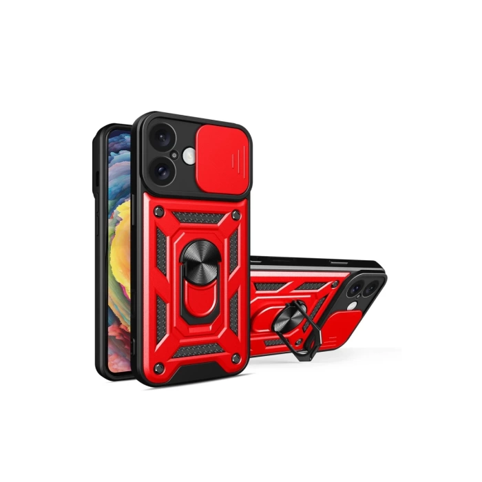 Newface iPhone 16 Kılıf Pars Lens Yüzüklü Silikon - Kırmızı