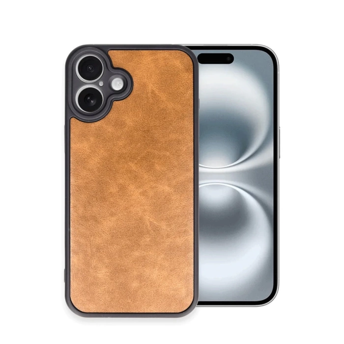 Newface iPhone 16 Plus Kılıf Aras Deri Kapak - Taba