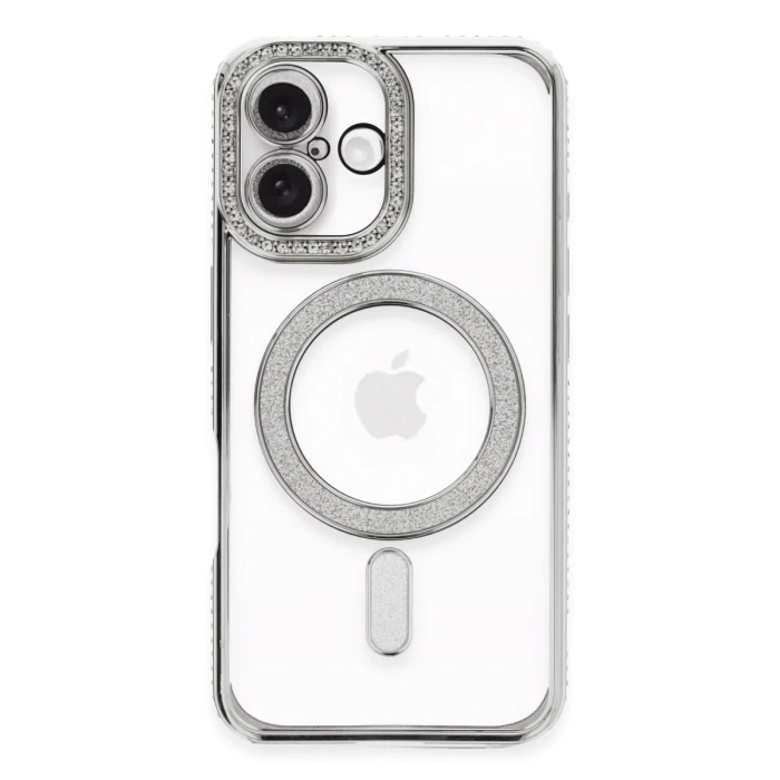 Newface iPhone 16 Plus Kılıf Joke Simli Magneticsafe Kılıf - Gümüş