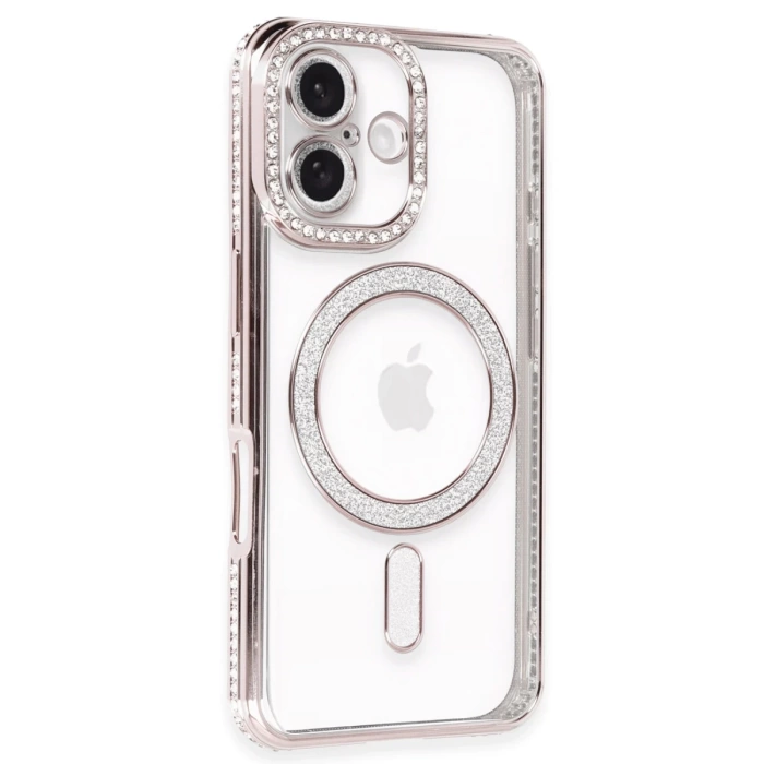Newface iPhone 16 Plus Kılıf Joke Simli Magneticsafe Kılıf - Pembe
