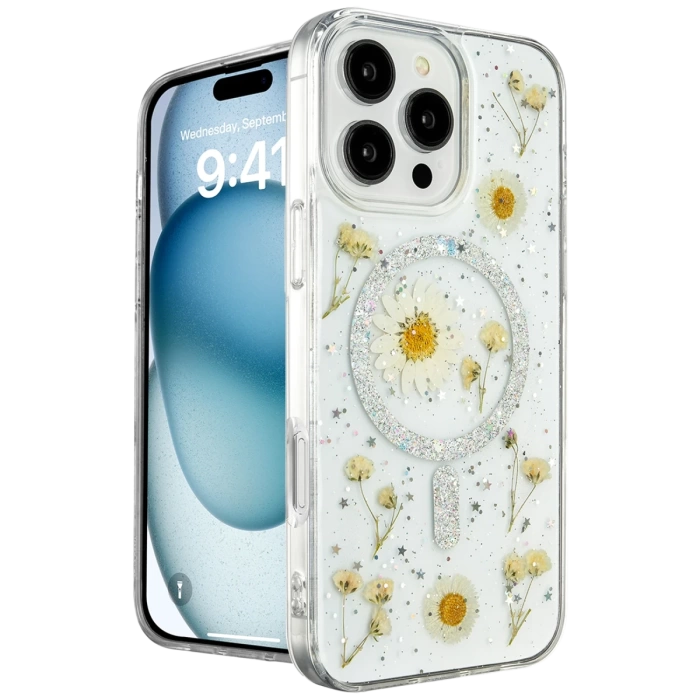 Newface iPhone 16 Pro Kılıf Daisy Simli Magsafe Kapak - Gümüş