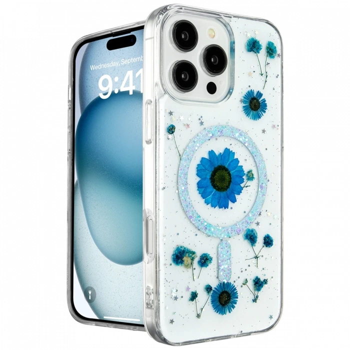 Newface iPhone 16 Pro Kılıf Daisy Simli Magsafe Kapak - Mavi