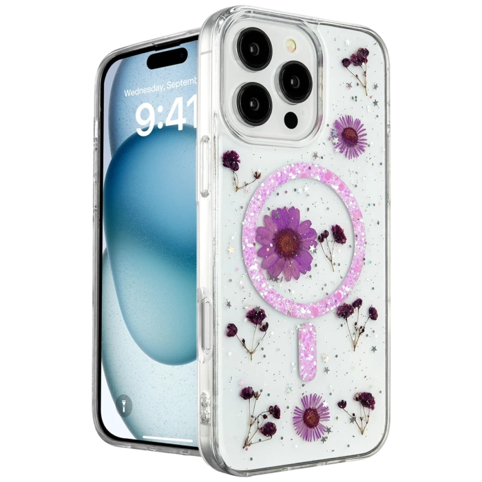 Newface iPhone 16 Pro Kılıf Daisy Simli Magsafe Kapak - Mor